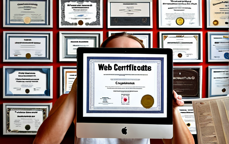 **
A web designer proudly displaying various web design certificates on a wall, but behind them, a computer screen showcases a stunning website design, hinting that skills are more important than certificates.
**