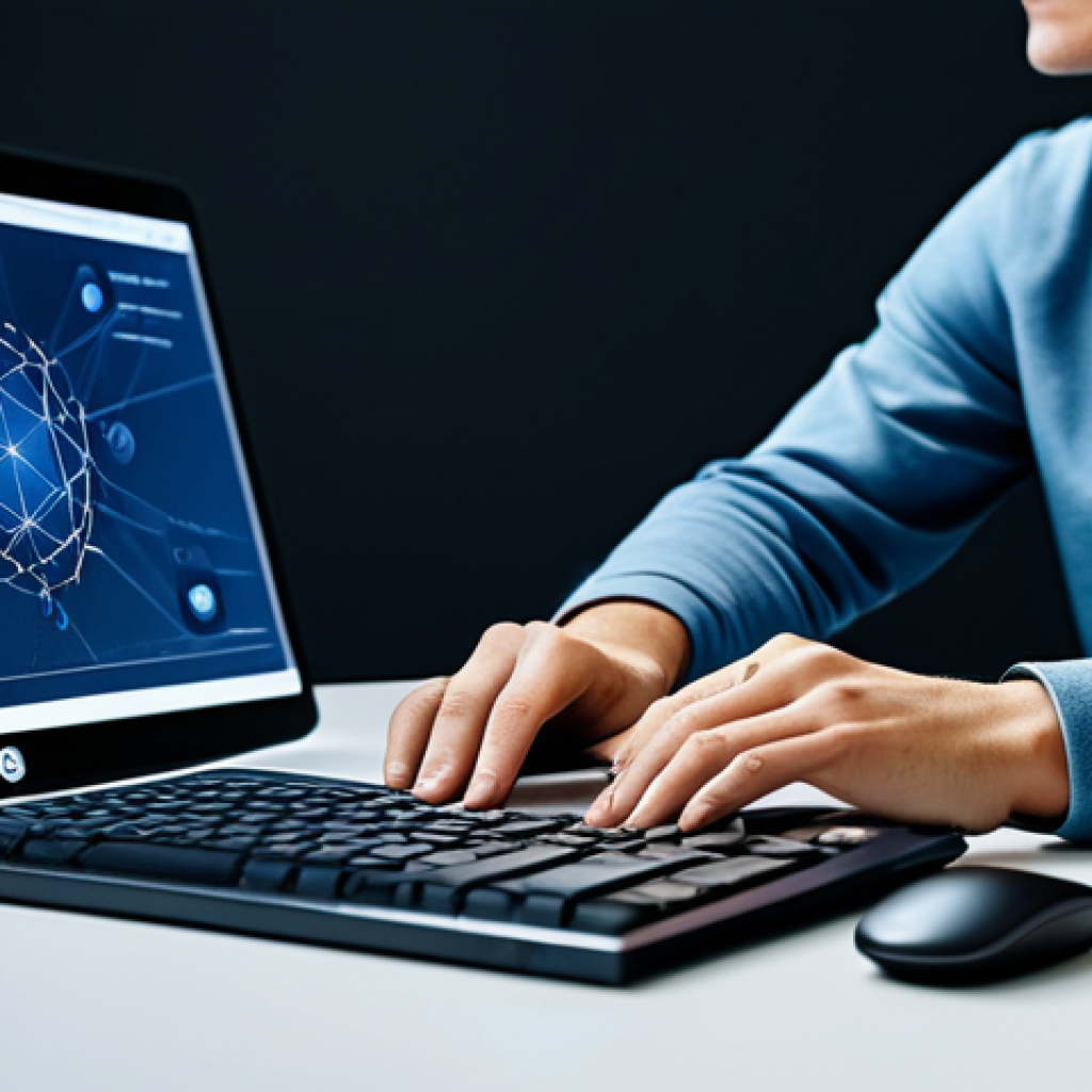 0 concepts like decentralized networks and smart contracts subtly appear in the background, hinting at future innovations. The person's natural pose, correct proportions, and well-formed hands are visible as they interact with the computer. The scene conveys innovation and user-centric design. modest clothing, appropriate attire, safe for work, perfect anatomy, natural body proportions, professional photography, high resolution, family-friendly.