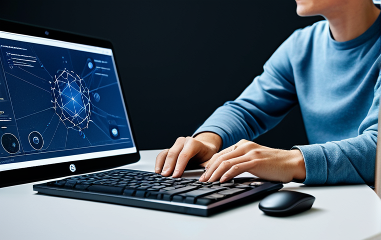 0 concepts like decentralized networks and smart contracts subtly appear in the background, hinting at future innovations. The person's natural pose, correct proportions, and well-formed hands are visible as they interact with the computer. The scene conveys innovation and user-centric design. modest clothing, appropriate attire, safe for work, perfect anatomy, natural body proportions, professional photography, high resolution, family-friendly.