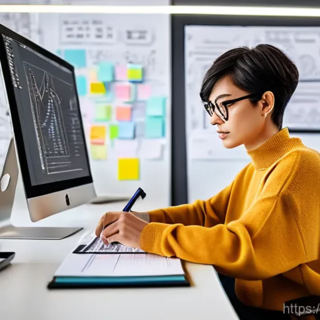 웹디자인 취업 포지션 종류 - **UI/UX Designer at Work:** A young, focused female UI/UX designer, mid-20s, with short, trendy hair...