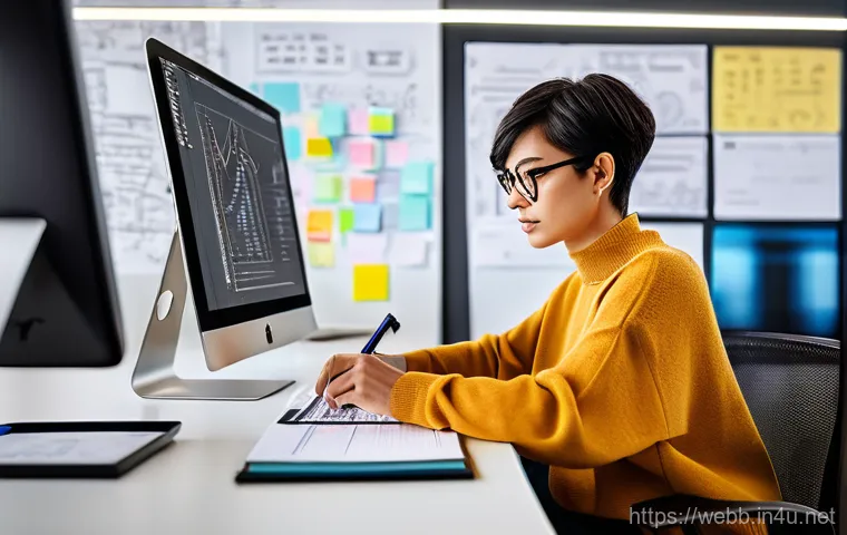 웹디자인 취업 포지션 종류 - **UI/UX Designer at Work:** A young, focused female UI/UX designer, mid-20s, with short, trendy hair...
