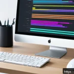 Home 16 웹디자인 고급 CSS 애니메이션 - A modern web designer’s workspace showcasing a large high-resolution monitor displaying complex CSS ...