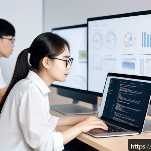 Home 15 웹디자인 단기 취업 과정 - A modern web design classroom scene showing a diverse group of young adults focused on learning HTML...