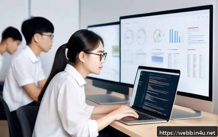 웹디자인 단기 취업 과정 - A modern web design classroom scene showing a diverse group of young adults focused on learning HTML...
